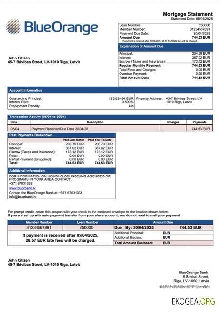 Modèle Word et PDF de relevé hypothécaire de la Lettonie BlueOrange Bank